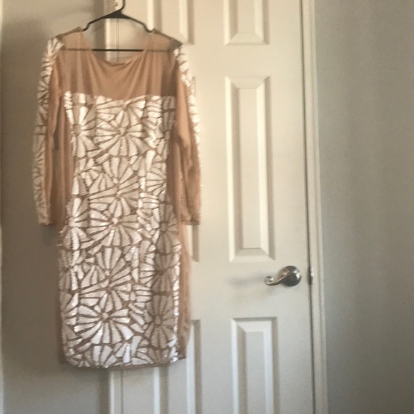 Mini Nude & White Sequin & Mesh Dress - Picture 2 of 3